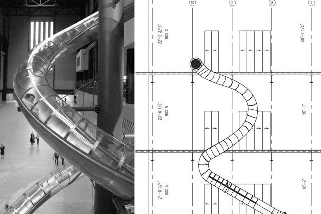 Left: Test Site, 2006. Installation view, “Test Site,” Tate Modern, London, 2007. © Tate Photography; Right: Architectural drawing of Carsten Höller’s slide at New Museum, 2011.